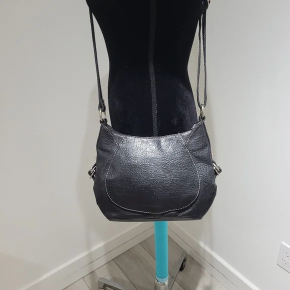 Nine West Women's Vintage Vegan Leather Crossbody Bag Purse Black Silver Zipper - Picture 8 of 13